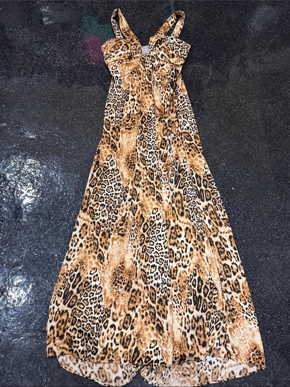 Masquerade Cheetah Print Maxi Dress with Rhinestone Accent Floor Length Sz 11/12